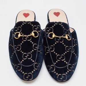 Gucci Princeton Navy Velvet Mules with Gold Detail